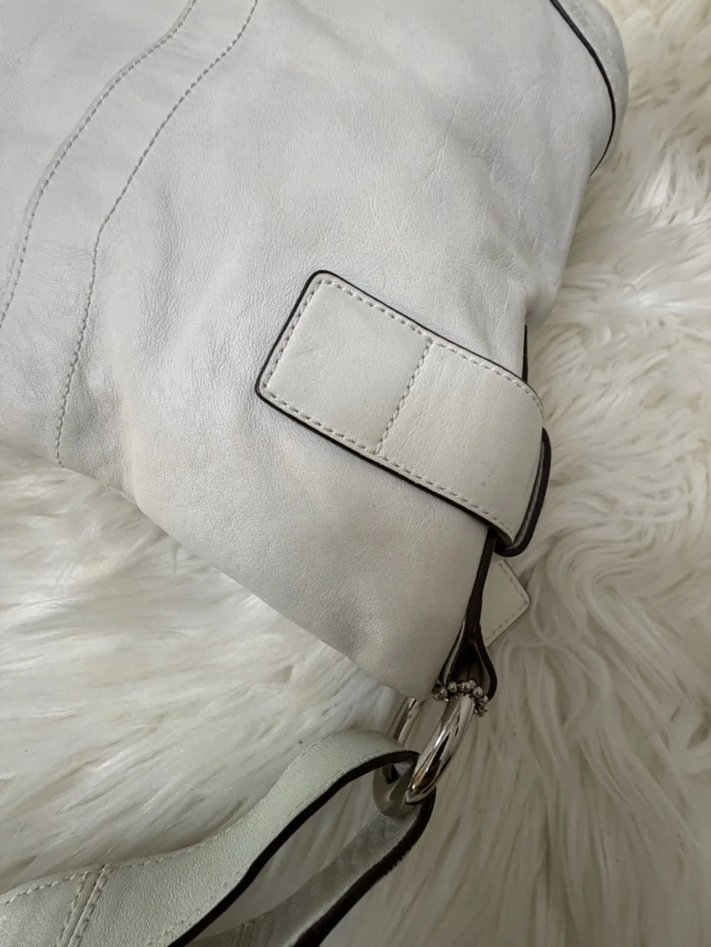 Vintage Coach White Leather Shoulder Bag with Silver Buckle Accents# 1452